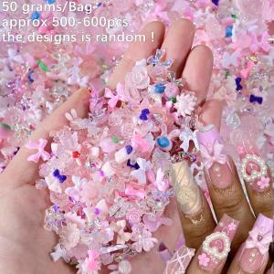 50g/bag 3D Pink Mixed Bow/Flower Nail Charms Random Ribbon/Love Resin Nail Art Decorations Cute DIY Crafts Manicure Accessories