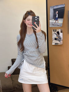 Korean Style Striped Long Sleeve T-Shirt Womens Elegant Personality Asymmetrical Hemline Split Base Top Comfortable Cotton Blend