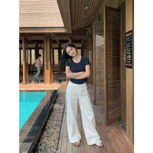 Pusumede Basic Short Sleeve U-Neck Knitted T-Shirt Womens Slim Fit Versatile Short Style Cotton Streetwear Summer Top