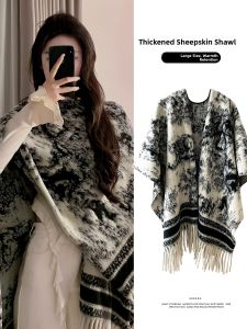 WEIAI | Watercolor Black White Pattern Scarf Womens Style Korean Version Warmth Cowl Neck Wrap Shoulder Shawl Outerwear Autumn New