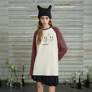 Unfree American Style Long Sleeve T-Shirt Womens Striped Splicing Color Block Retro Loose College Style Versatile Top