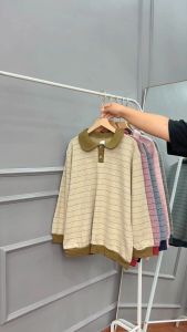 Kaos Stripe Wanita Berkerah & Blouse Atasan Wanita Berkancing