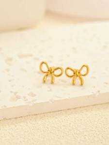 3pcs Stainless Steel Delicate Gold-Color Fashion Bow Neckle Bracelet Earrings Titanium Jewelry Set Featuring A Non-Fading Elegant Light Luxury Clavicle Design For Birthday Christmas And New Year Gifts For Girls