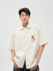 Vẽ Tay Thêu Hoa Hồng Họa Tiết Bện Rộng Rãi Áo Sơ Mi Ngắn Tay Nam Nữ Cùng Phong Cách ZOOMLENS Phiên Bản Gốc Hàn Quốc Cotton Vải Bông Polyester Pha Trộn Thoải Mái Mặc