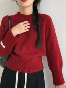 Red Knitted Short Sweater Womens Fashion Inner Wear Spring Autumn Winter Seasonal Small Size Friendly Stylish Top