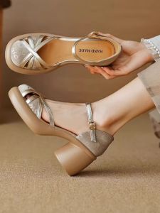 New Chinese Style Roman Toe Sandals Womens New 2025 Summer Hollow out Woven Thin Strap High Heels Waterproof Platform