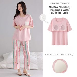 Miiow | Pure Cotton Womens Sleepwear Short Sleeve Long Pants Home Clothes Set With Chest Pad Can Be Worn Outside Casual Spring Summer