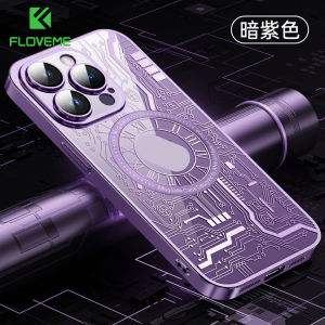[With Lens Film] FLOVEME Plating Circuit Board Pattern Magsafe Phone Case For iphone 15 14 13 12 Pro Max 15 14 Plus Wireless Charging Matte Clear Full protection PC Shockproof Back Cover For iphone 15 14 13 12