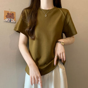 White Shoulder Pad Womens T-shirt Short Sleeve Loose Fit Summer New Style Korean round Neck Cotton Blend Fashion Top