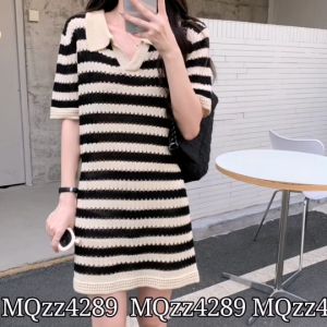 MQzz4289 พร้อมส่ง เสื้อเดรสไหมพรมแขนสั้น คอปก ยืดได้เยอะมาก ใส่สบายๆ FreeSize