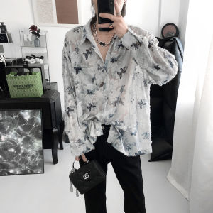 Butterfly Print Loose Fit Long Sleeve Mens Shirt Thin Vintage Full Print Casual Fashion Polyester Fiber Autumn Season Sharp Collar