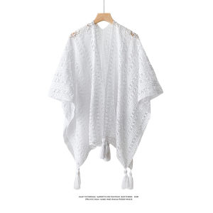 WEIAI | Womens Knitted Hollow Out Shawl Spring Autumn Ethnic Style Photography Outer Wrap Cloak Coat Multi-Functional Pure Color
