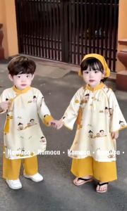 Áo dài tết cho bé gái áo dài cách tân bé trai áo dài trẻ em chất liệu đũi tơ mix Linen cao cấp - Happy Life 4Kid