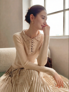 XXNING | French Lace Collar Pearl Button Knitted Top