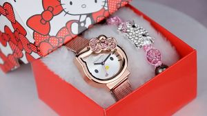 Tabuh Shop Jam Tangan Wanita Kasual Terbaru 2024 Motif Hello Kitty Diamond Strap Pasir Padat Stainless Steel Dial Tipis Style Korea Elegant Mewah-JWH1
