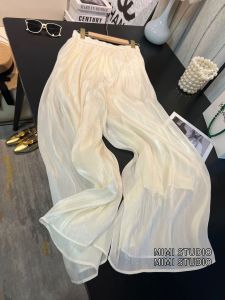 Ladies Summer Casual Vacation Wide Leg Pants Shiny Ice Silk Flowing Drapey Skirt Pants Anti UV Loose Fit Natural Waist