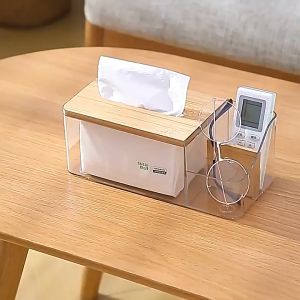 Kotak Tissue Serbaguna 3in1 Aksen Kayu dan Plastik Bening Anti Slip BATHI-KE25