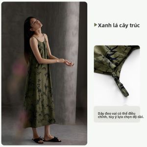 yuenei | Đồ ngủ lụa băng dài mùa hè cho nữ Đồ ngủ lụa nhân tạo có dây đeo cổ tròn họa tiết hoa mùa hè Đồ ngủ thoải mái có thể mặc ngoài trời