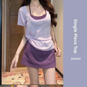 YUEZHONGWEI | Purple Shoulder Baring Short Sleeve T-Shirt Women Summer Spicy Girl Halter Top Vest Layered Top Set Korean Style Loose Fit