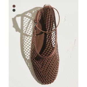 Women Mesh Ballet Flats Shoes Square Toe Hollow Fishnet Ankle Strap Buckle Flat Pumps Breathable Mary Jane Shoes Elegant