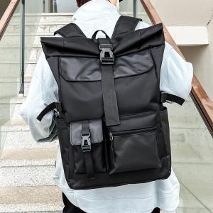 Mens Street Fashion Casual Sports Travel Backpack Double Shoulder Bag Roll-Up Mouth British Style Senior Travel Bag