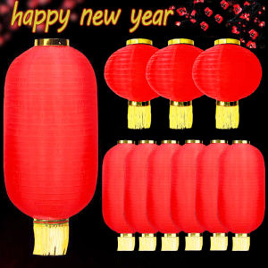 Traditional Chinese Style Handcraft Red Lantern 8/10/12 Inch New Year Folding Lantern Hanging Ornaments High Quality Fabric Round Long Lanterns for Spring Festival Home Decor