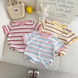 Sonkpuel | Girls Clothes Summer New Top 1-5 Years Children Pink Striped Round Neck T-shirt Fashion Casual Short Sleeve Color Blocked