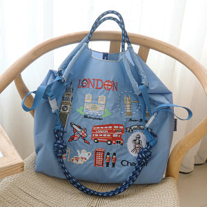 Blue Canvas Eco-Friendly Shopping Bag Shoulder Crossbody Chain Stitched Bag Sweet Cool Style Soft Handle No Compartment