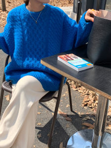 เสื้อสเวตเตอร์ถักหลวมคอตั้งแขนยาวสีฟ้าสำหรับผู้หญิง ฤดูใบไม้ร่วง/ฤดูหนาว เสื้อเชิ้ตทรงหลวมสไตล์เกาหลีแบบลำลอง