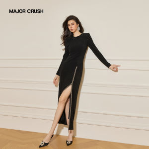 French Style Black Fitting Slit Dress