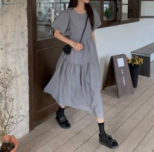 ●ECLAIRE● 043 Dress Midi Scuba Tiered Susun Lengan Pendek Puff Shortsleeves Korea Kasual Casual Basic Dasar Gercia Import