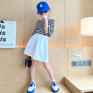 Casual Summer Striped Cotton Short Sleeve Childrens Clothing Set 2024 New Fashionable Girls Mid to Young Children Sports Pants