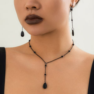 Goth Black Crystal Water Drop Pendant Choker Necklace Hanging Earrings Women Trendy Creative Tassel Chain Aesthetic Jewelry Set