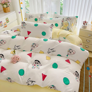 Dansunreve 3/4ชิ้น ชุดผ้าปู ผ้าปูที่นอน ผ้าปูเตียง 6ฟุต 5ฟุต KT Crayon Shin-chan คิตตี้ น่ารัก การ์ตูน แมว ผ้าฝ้ายซัก ผ้าปู +ปลอกผ้านวม +ปลอกหมอน 3ฟุต bedding set