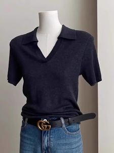 High Quality Deep Grey Short Sleeve V-neck Polo T-shirt