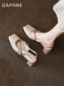 Daphne Nude High Heels Womens New 2025 Summer Chinese Style Square Head Toe Cover Sandals Cheongsam Flat Shoes Fashionable Casual PU Material