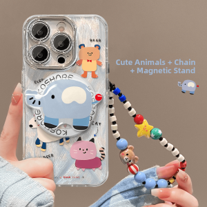 Cute Animal Magnetic Feather Phone Case for Apple 15 13 pro New Model 14/15 plus Full Cover Protective Shell with Bracelet Anti-Fall