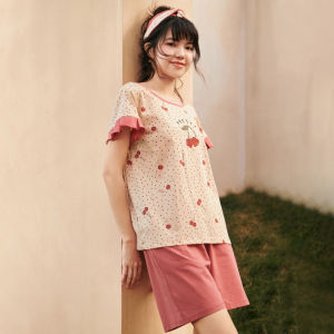 LUNILAI | 2023 New Pure Cotton Summer Lightweight Cherry Print Loose Home Clothes Set Womens Sleepwear Comfortable Breathable Casual Style