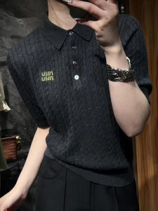 UYFY | Gray Polo Neck Short Sleeve Knitted Sweater Womens Slim Fit Summer New Style Versatile Casual Fashion Polyester Fiber Top