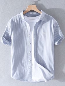 Ice Silk Cotton Short Sleeve Shirt Mens Summer Thin Breathable Japanese Retro Fresh Casual Shirt Trendy Striped Embroidered Badge