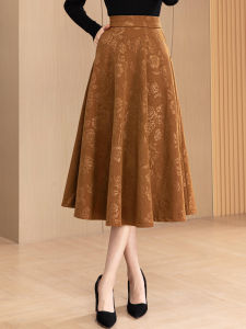 Elegant Floral Embroidery A-Line Midi Skirt Womens Autumn Winter New Style Drapey Versatile Large Size Umbrella Skirt