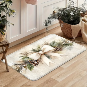 VIKAMA Christmas Wreath Doormat With Bow And Pine Cone Design-Soft Beige With Green Rectangular Indoor/Outdoor Entry Floor Mat