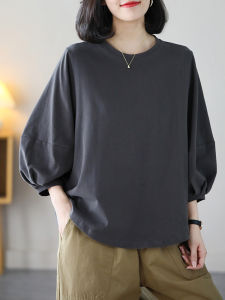 Casual Hong Kong Style Lantern Sleeve T-Shirt Womens Loose Fit Cotton Blend Moisture Wicking round Neck Top Summer New Arrival
