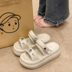 Womens Thick Heel Sandals Summer New Fashion Outdoor Wear Diamond Beach Anti-slip Two-wear Platform Slippers Roman Style