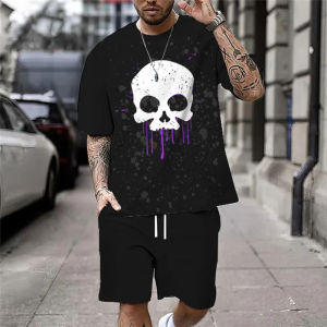 Summer New Casual Mens Skull Print T-Shirt Set Fashion Streetwear Tees Loose Oversized Breathable Soft Short Sleeves And Shorts