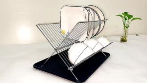 X-Shaped Foldable Drain Bowl Rack with Water Tray 304 Stainless Steel Double-layer Countertop Household Kitchen Dish Storage Holder