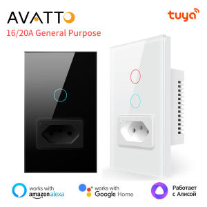 AVATTO Tuya WiFi Wall Switch&Socket16/20A General Brazil Standard 4X2 Glass Panel 1/2 Button Light Switch For Alexa Google Home