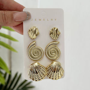 3 Pairs/Set Gold Color Shell Starfish Stud Earrings for Women Ocean Series CCB Lightweight Textured Earrings Beach Party Jewelry