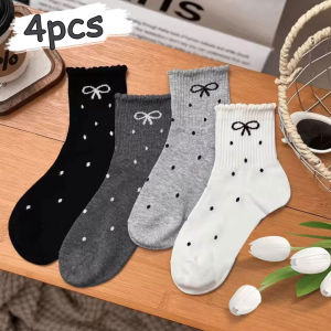 ถุงเท้า Midtube ปักลายดอกทิวลิป4คู่ถุงเท้ากีฬาสีทึบแบบเรียบง่าย Stoking Renda หวาน