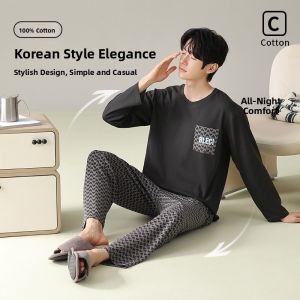 miiow | Mens Long Sleeve Sleepwear Set Pure Cotton Loose Breathable Casual Striped Home Clothes Comfortable Soft Round Neck Design
